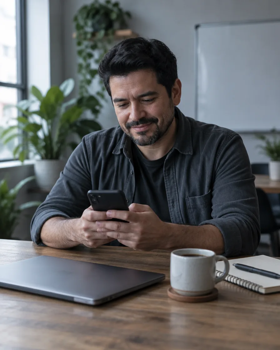 Un coach sentado en una mesa de trabajo con una libreta y una taza de café mientras escribe en su teléfono.
