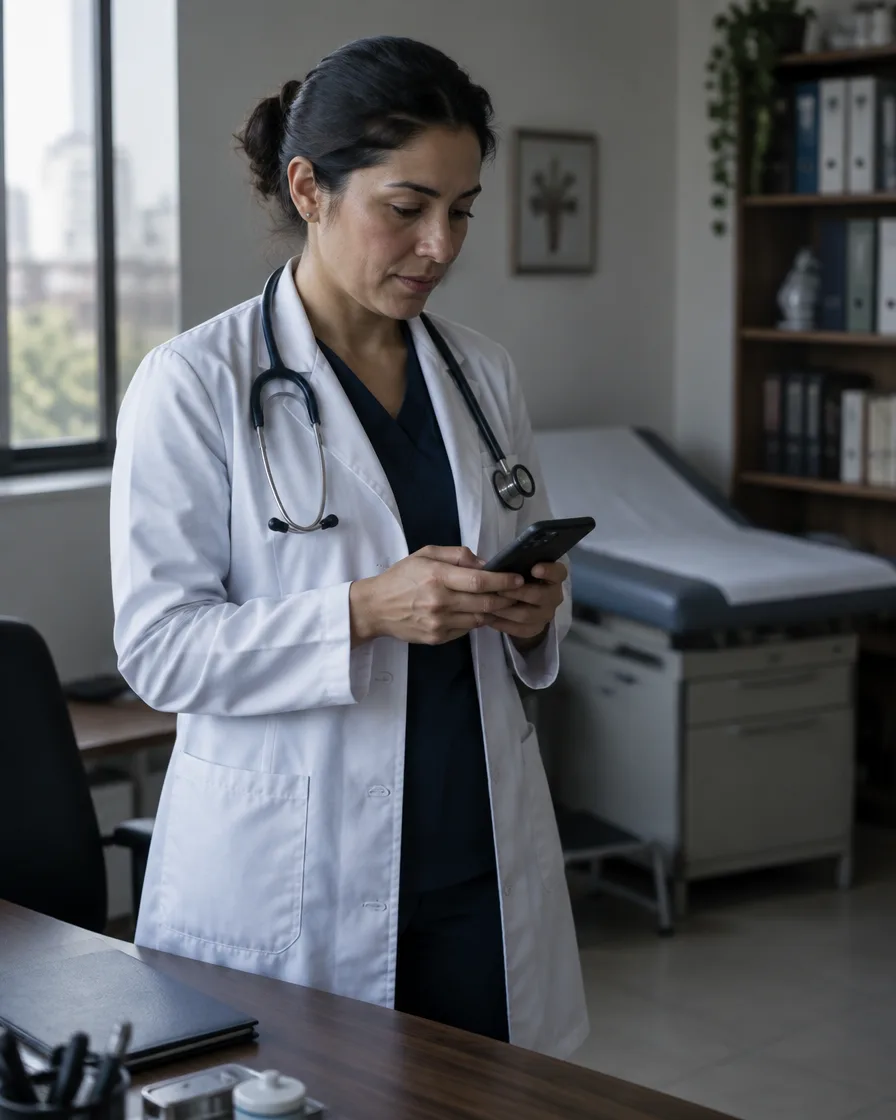 Una doctora de pie en su consultorio revisa su teléfono junto al escritorio.