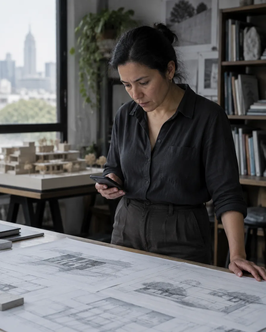 Una arquitecta de pie en su estudio revisa planos sobre una mesa con el teléfono en la mano.
